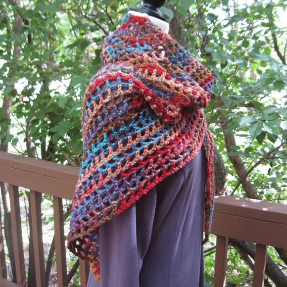 Crochet Shawl Scarf Boho Bohemian Clothing Multi Colored Hand Crochet - Picture 7 of 7